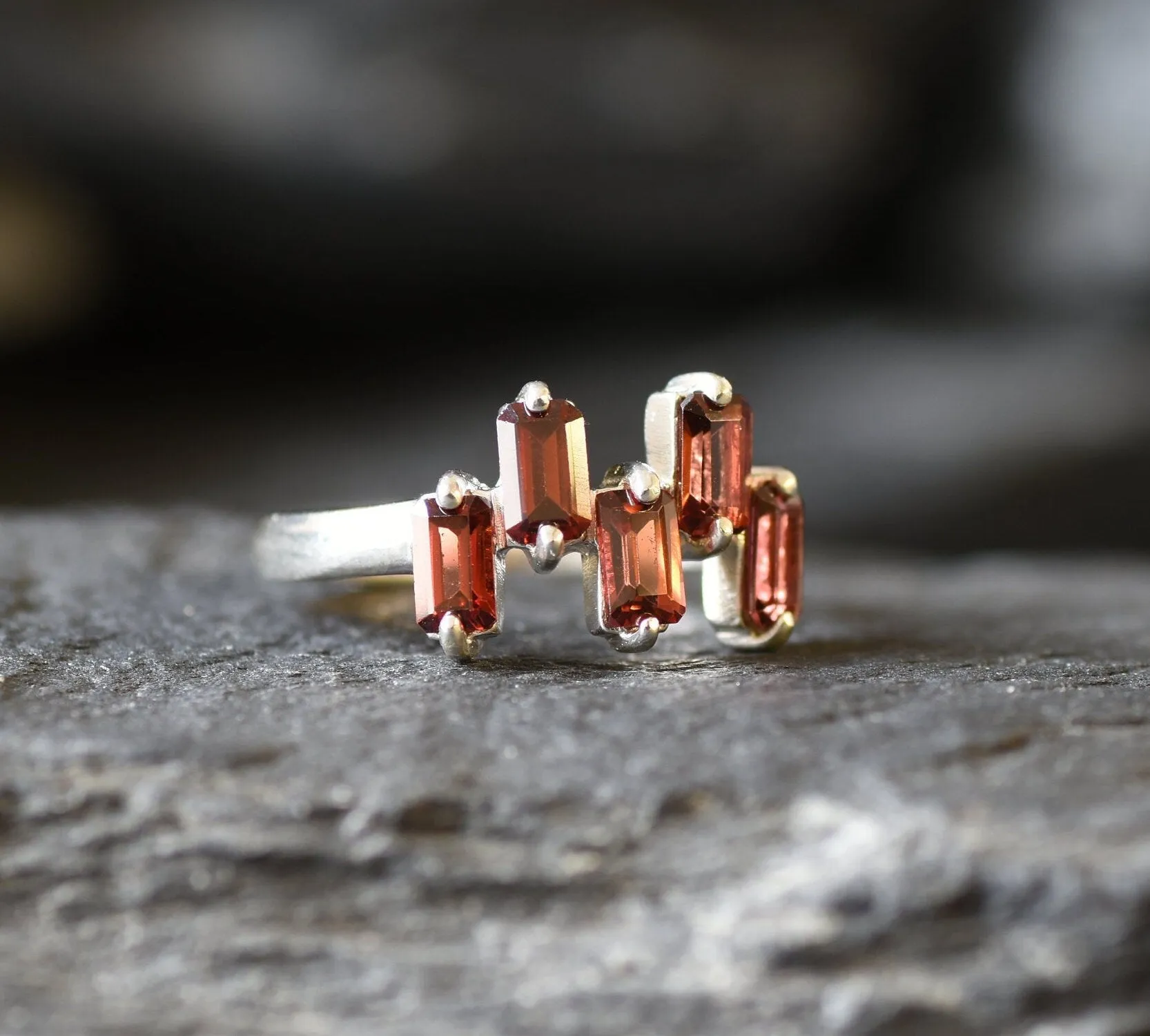 Natural Garnet Ring - Staggered Baguette Band - Red Square Ring
