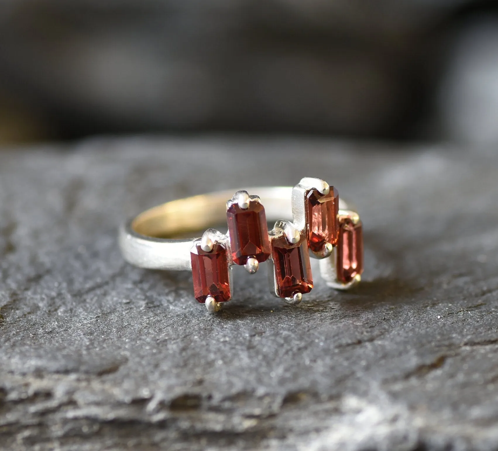 Natural Garnet Ring - Staggered Baguette Band - Red Square Ring