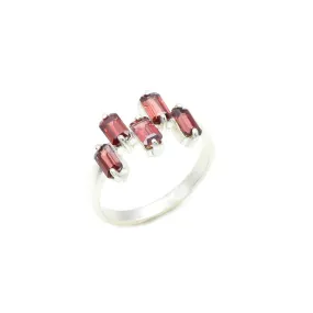 Natural Garnet Ring - Staggered Baguette Band - Red Square Ring