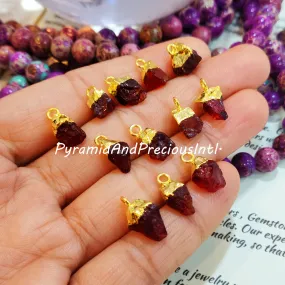 Natural Raw Red Garnet Gold Electroplated Connectors, January Birthstone, Sold By Piece