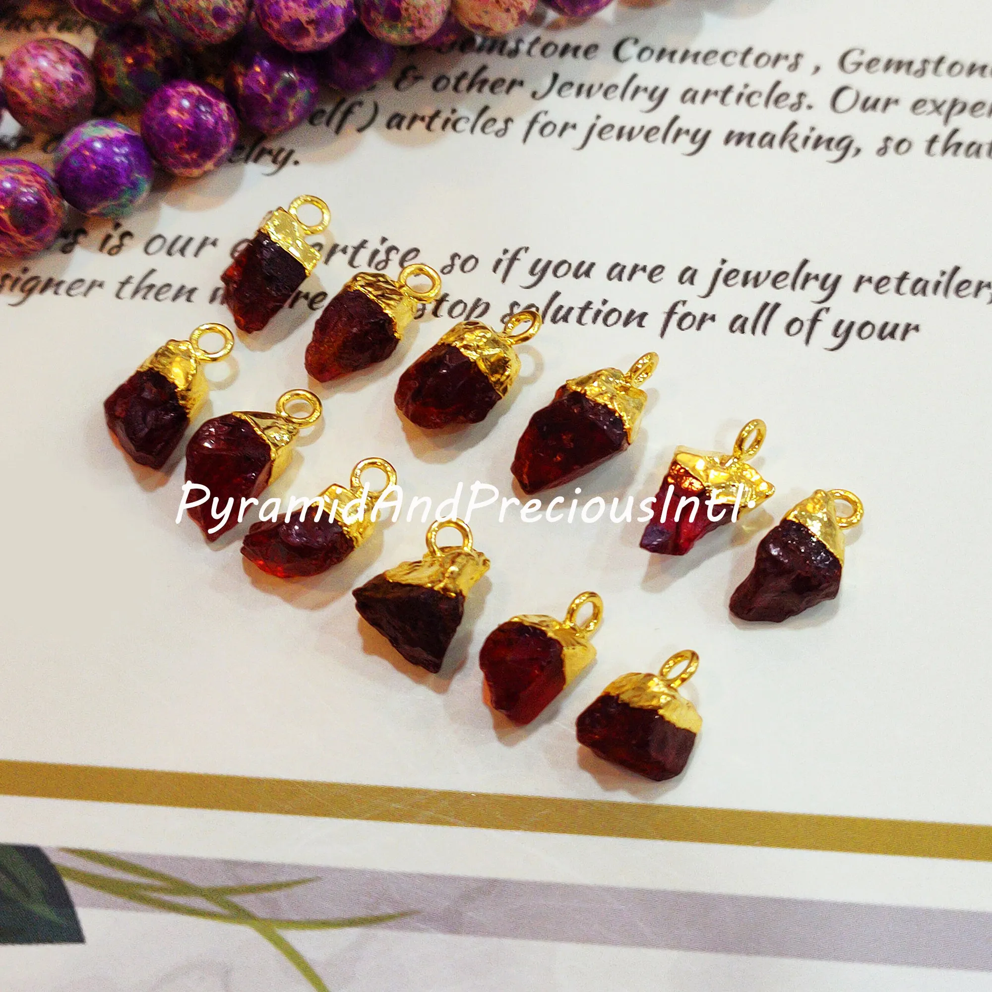 Natural Raw Red Garnet Gold Electroplated Connectors, January Birthstone, Sold By Piece