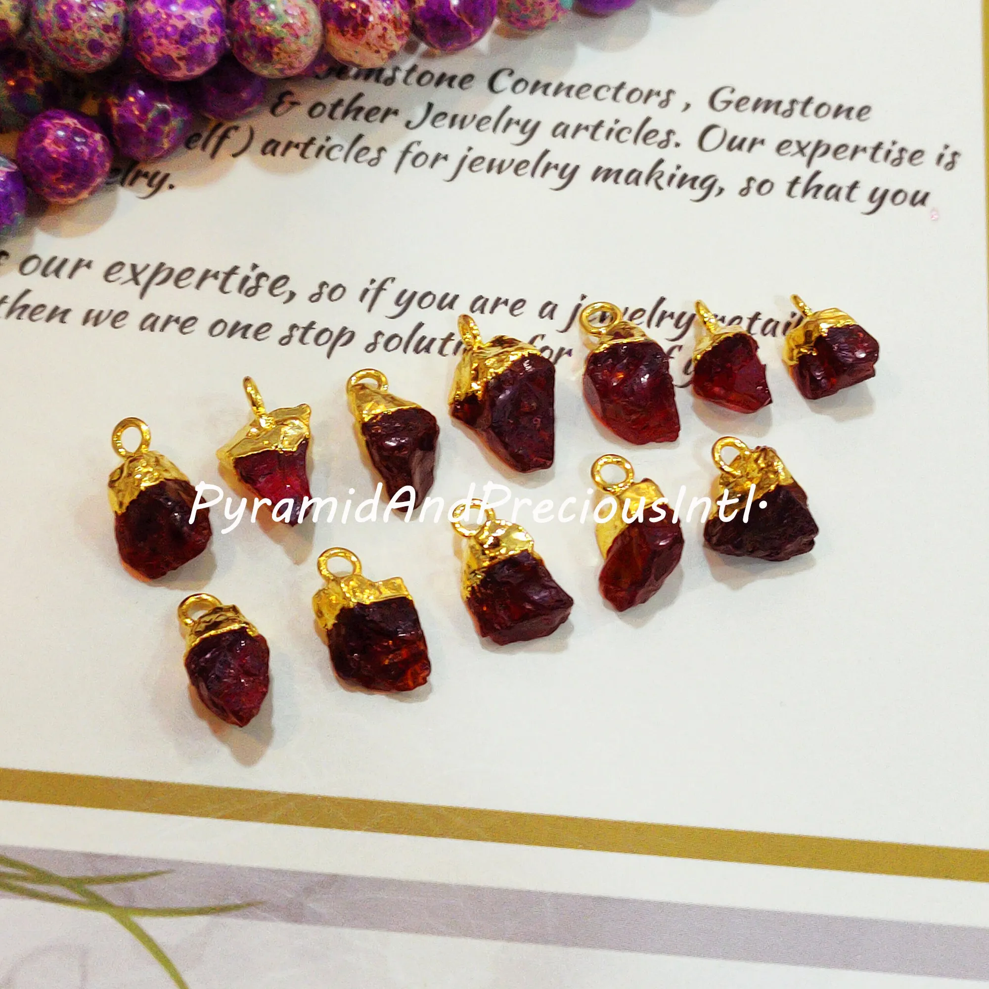 Natural Raw Red Garnet Gold Electroplated Connectors, January Birthstone, Sold By Piece