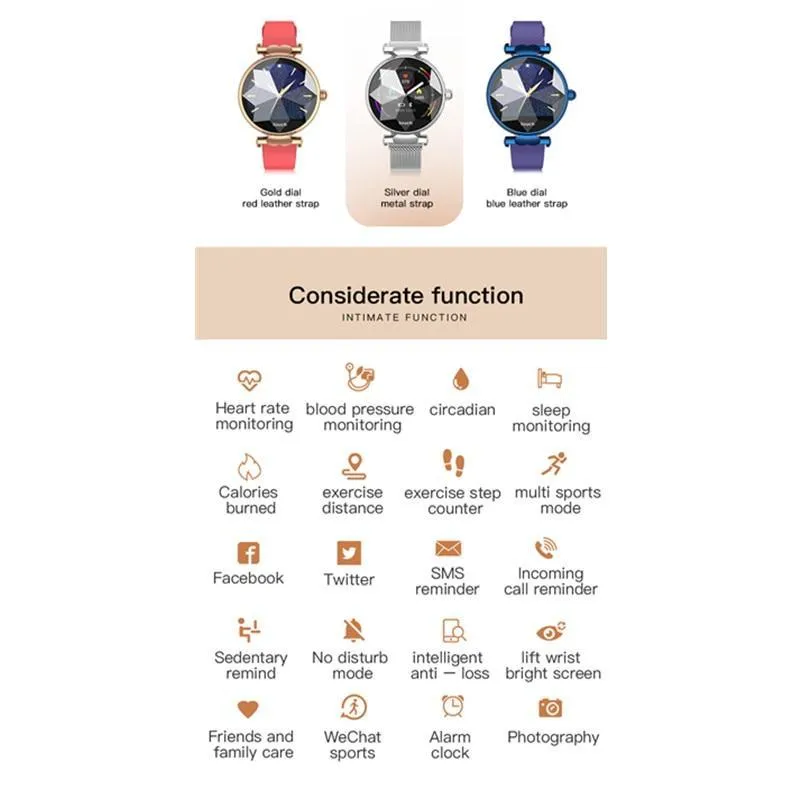 New Luxury Lady's Bluetooth Smart Watch Bracelet Waterproof Fitness Heart Rate Blood Pressure Tracker For iPhone Androids