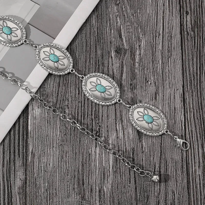 Oval Turquoise Stone Silver Concho Belt