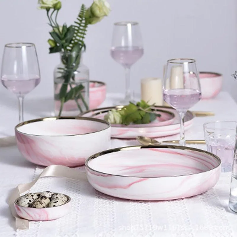 Pink Marble Ceramic Dinnerware Plates Lunch Food Fruit Salad Soup Deep Bowl Tableware Wedding Kitchen Utensils Porcelain Set