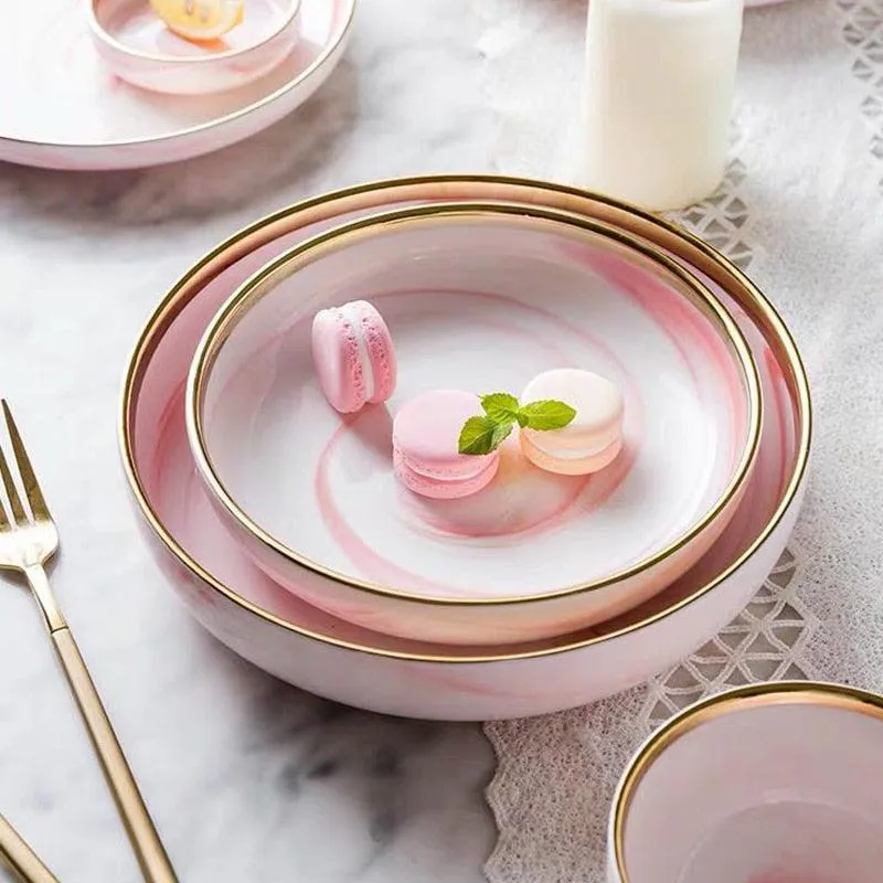 Pink Marble Ceramic Dinnerware Plates Lunch Food Fruit Salad Soup Deep Bowl Tableware Wedding Kitchen Utensils Porcelain Set