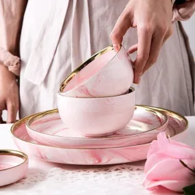 Pink Marble Ceramic Dinnerware Plates Lunch Food Fruit Salad Soup Deep Bowl Tableware Wedding Kitchen Utensils Porcelain Set