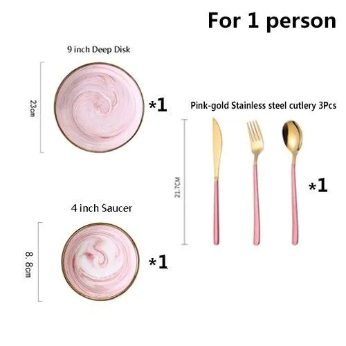Pink Marble Ceramic Dinnerware Plates Lunch Food Fruit Salad Soup Deep Bowl Tableware Wedding Kitchen Utensils Porcelain Set