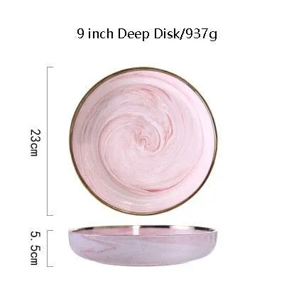 Pink Marble Ceramic Dinnerware Plates Lunch Food Fruit Salad Soup Deep Bowl Tableware Wedding Kitchen Utensils Porcelain Set