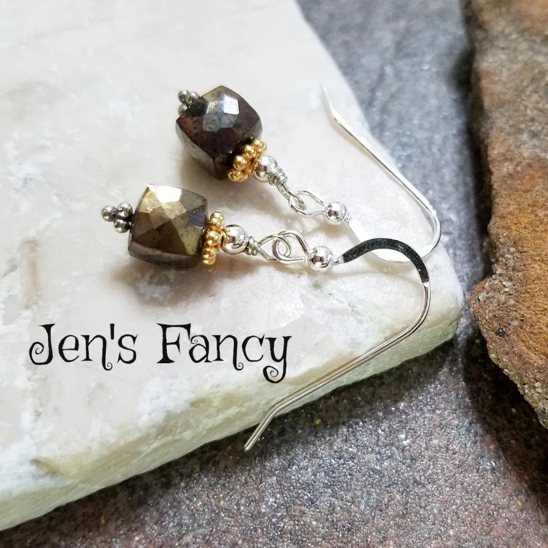 Pyrite Gemstone Earrings Sterling Silver & Vermeil