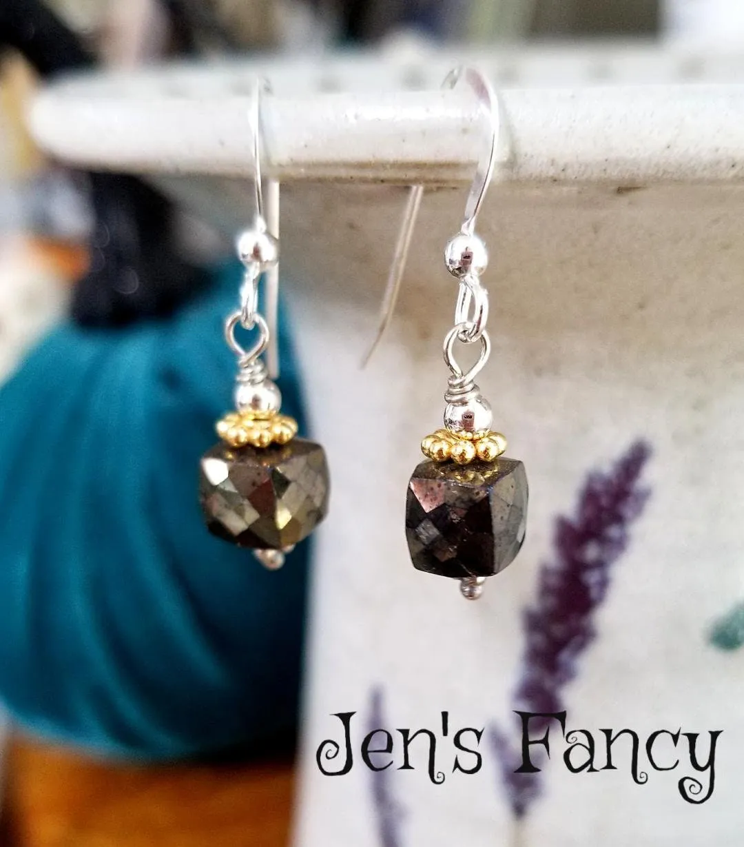 Pyrite Gemstone Earrings Sterling Silver & Vermeil