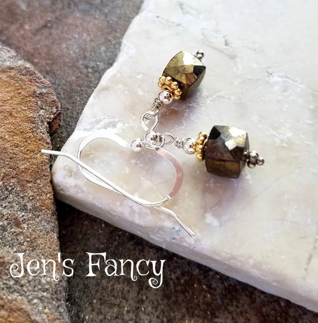 Pyrite Gemstone Earrings Sterling Silver & Vermeil