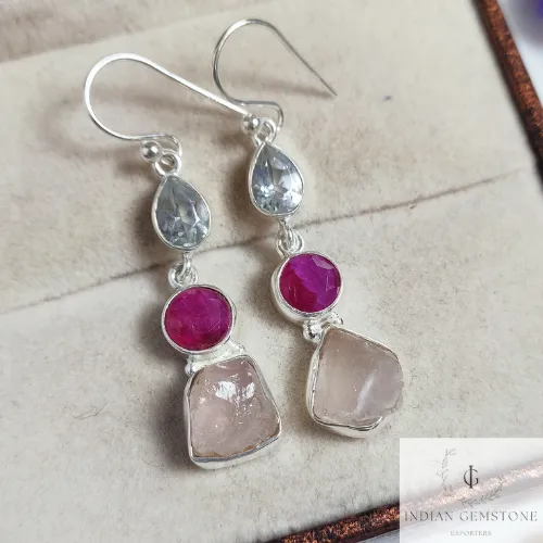 Raw Rose Quartz Fashion Earring, Crystal Quartz Dainty Dangle Earring, Birthstone Jewelry, Dyed Ruby Handmade Jewelry, Anniversary Gift