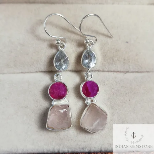 Raw Rose Quartz Fashion Earring, Crystal Quartz Dainty Dangle Earring, Birthstone Jewelry, Dyed Ruby Handmade Jewelry, Anniversary Gift