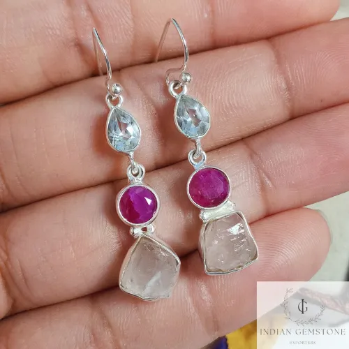 Raw Rose Quartz Fashion Earring, Crystal Quartz Dainty Dangle Earring, Birthstone Jewelry, Dyed Ruby Handmade Jewelry, Anniversary Gift