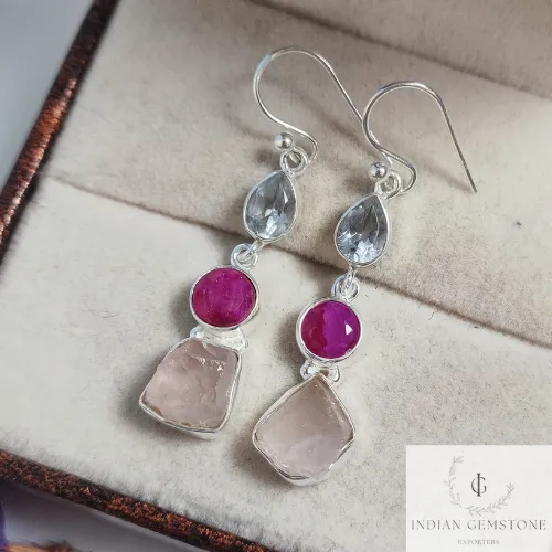 Raw Rose Quartz Fashion Earring, Crystal Quartz Dainty Dangle Earring, Birthstone Jewelry, Dyed Ruby Handmade Jewelry, Anniversary Gift