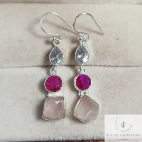 Raw Rose Quartz Fashion Earring, Crystal Quartz Dainty Dangle Earring, Birthstone Jewelry, Dyed Ruby Handmade Jewelry, Anniversary Gift