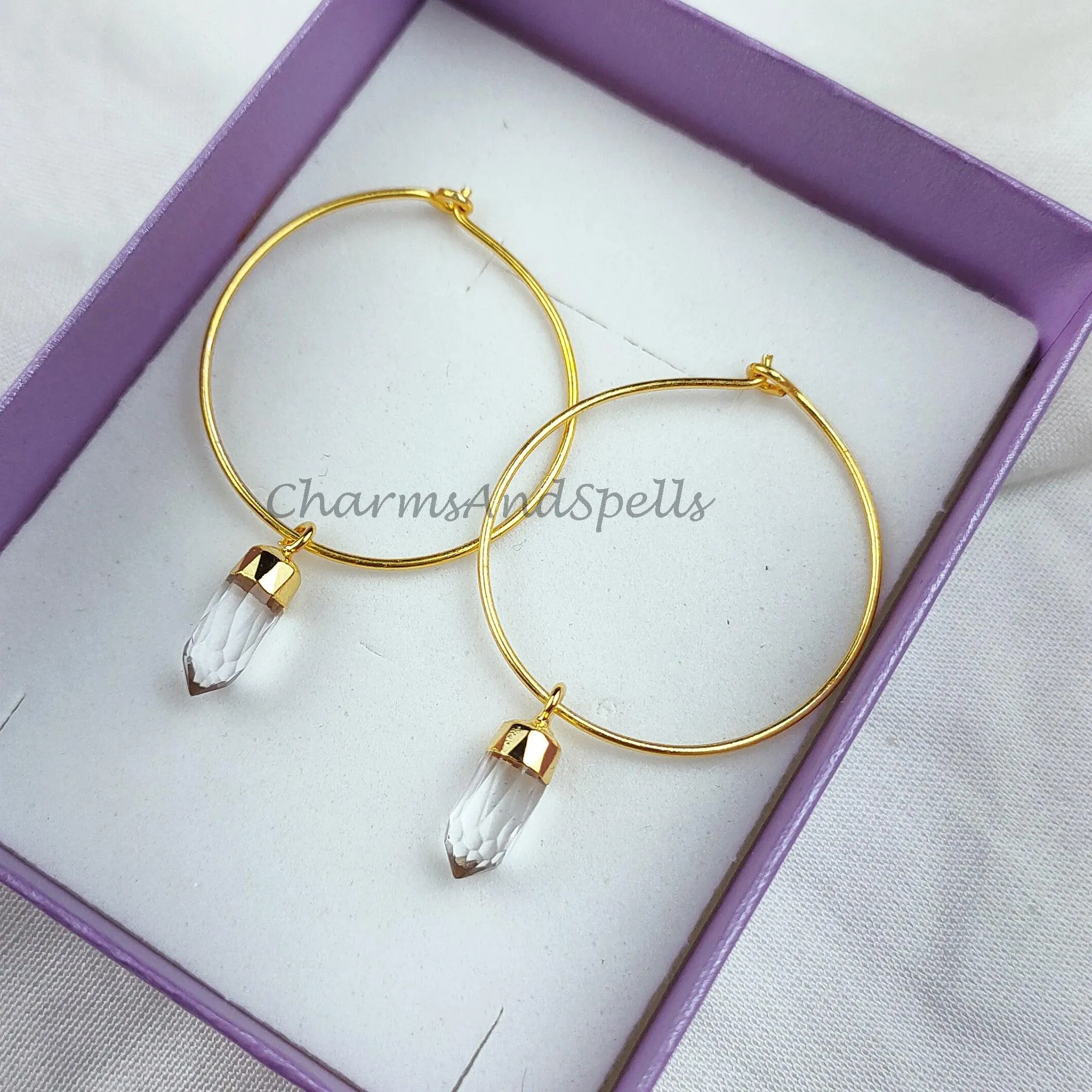 Raw white quartz crystal earrings, white crystal point earrings, white quartz electroplated earrings, women earring