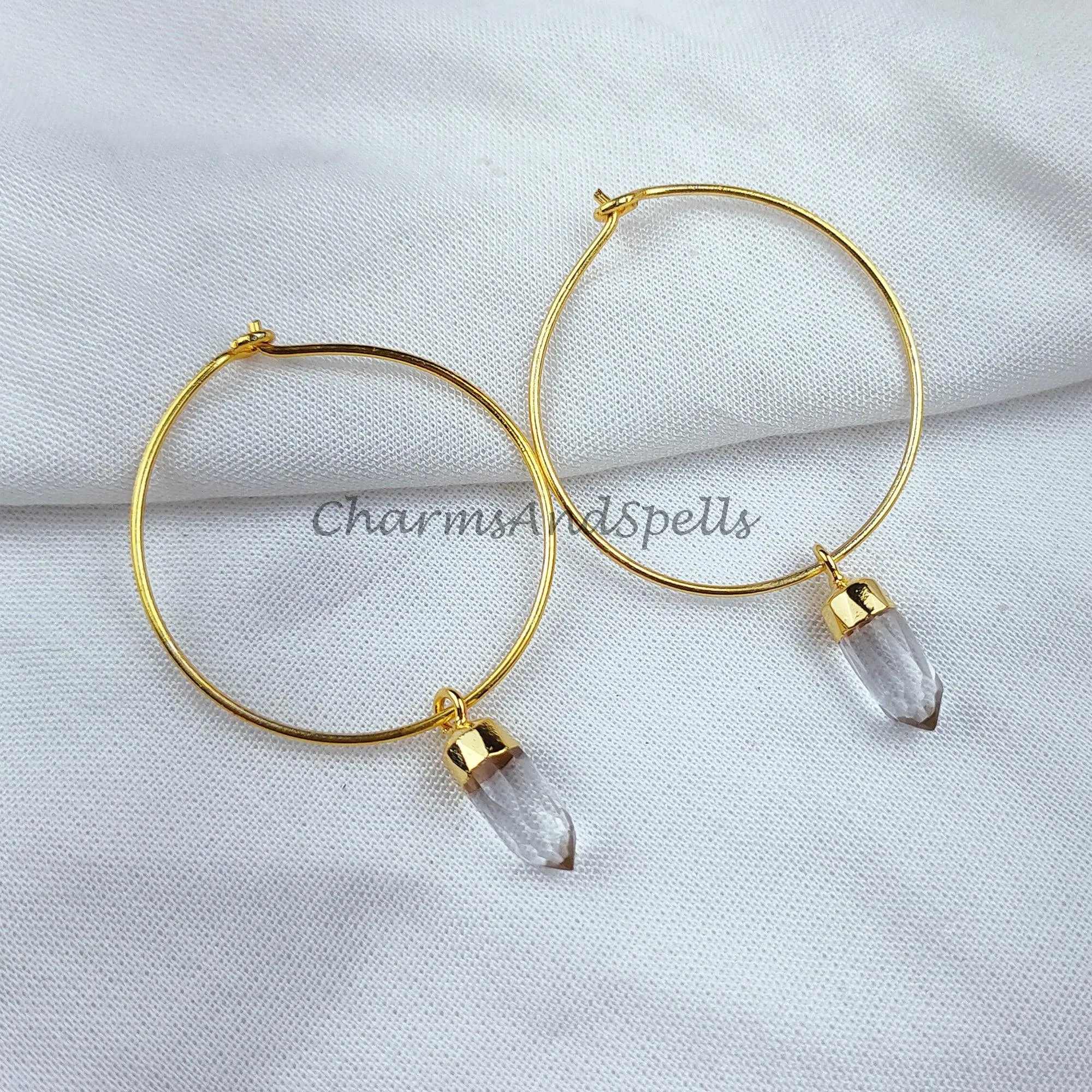 Raw white quartz crystal earrings, white crystal point earrings, white quartz electroplated earrings, women earring