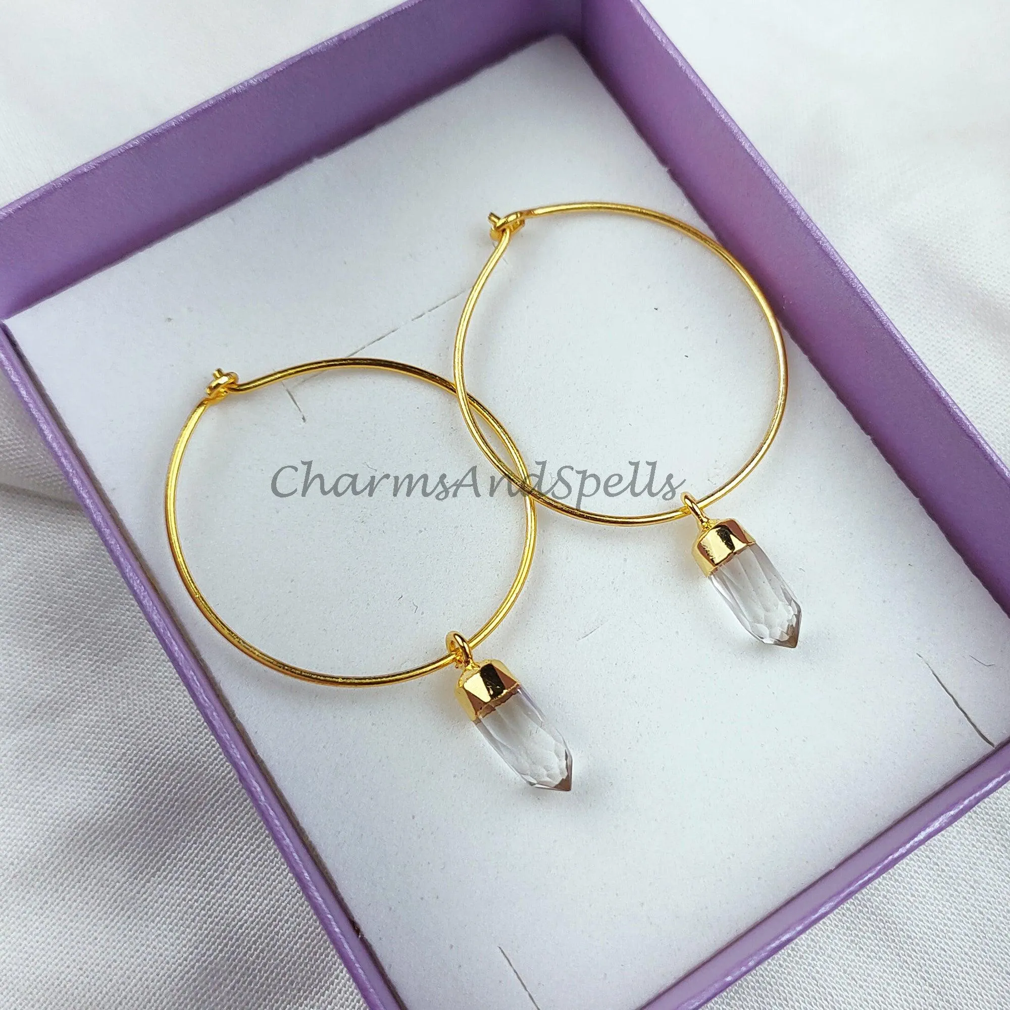 Raw white quartz crystal earrings, white crystal point earrings, white quartz electroplated earrings, women earring