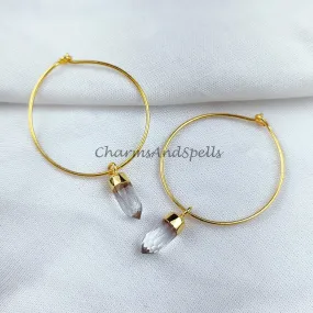 Raw white quartz crystal earrings, white crystal point earrings, white quartz electroplated earrings, women earring