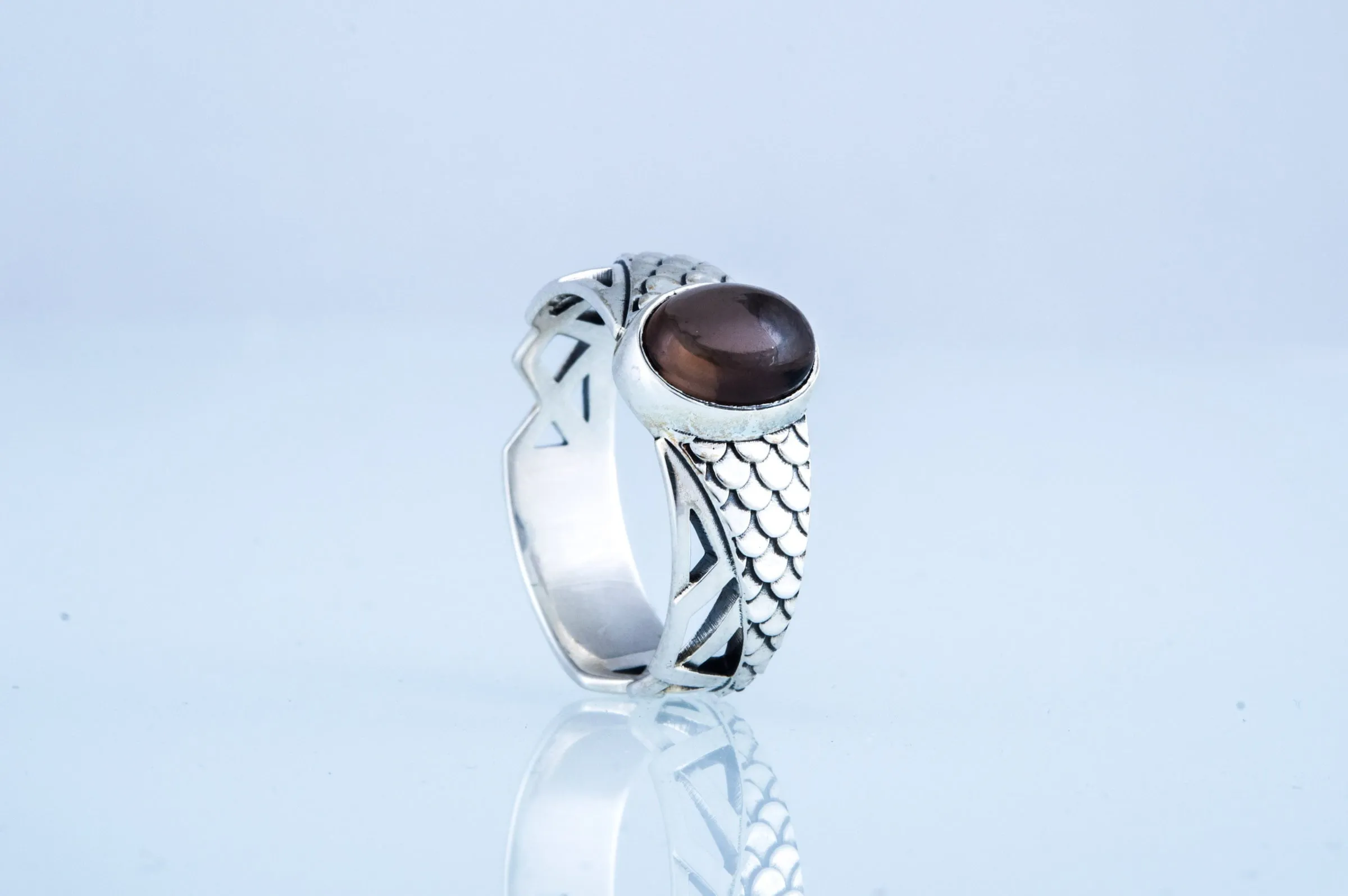 Ring with squama and Smoky Quartz gem Sterling silver handmade Jewelry