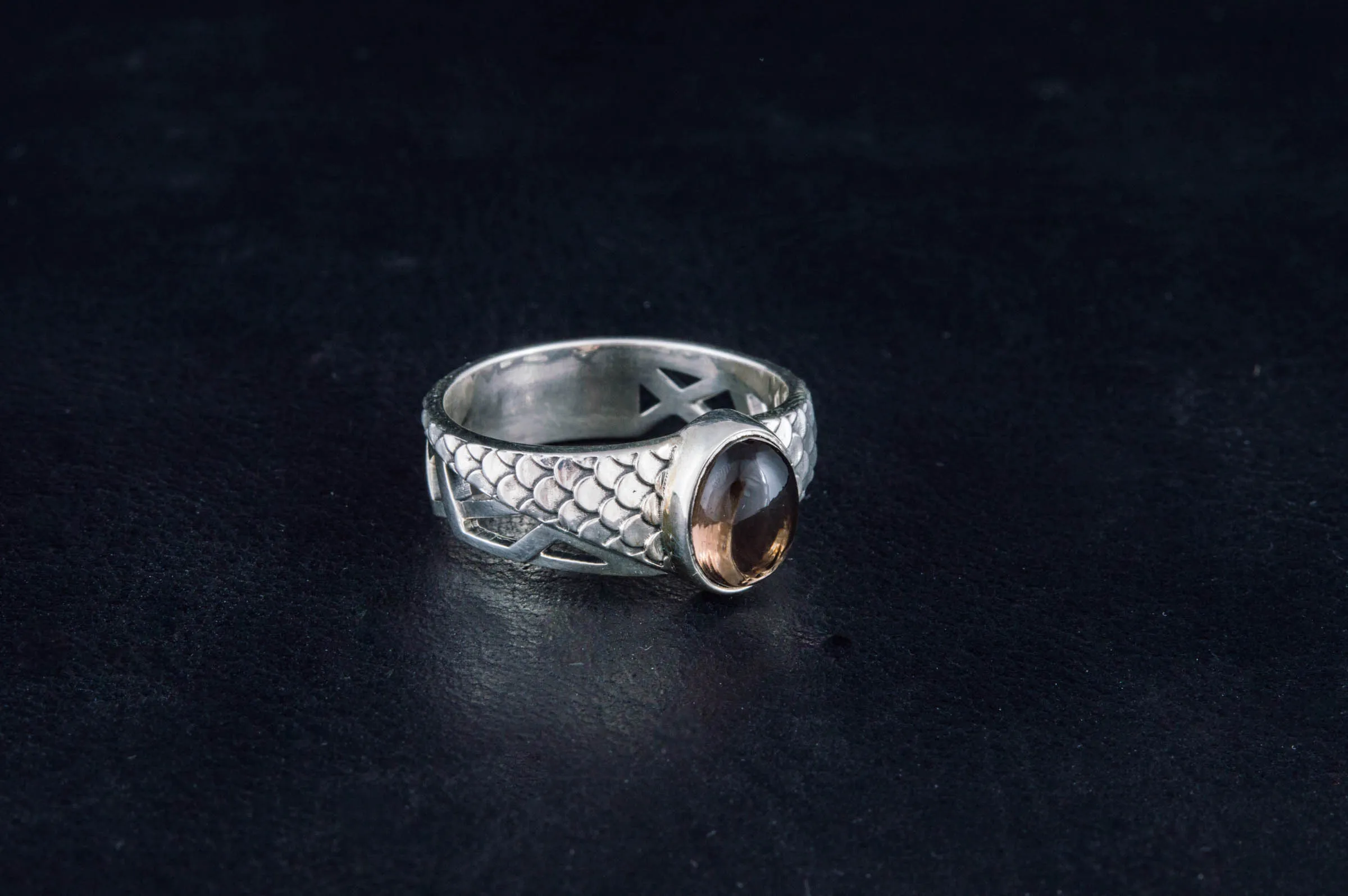Ring with squama and Smoky Quartz gem Sterling silver handmade Jewelry