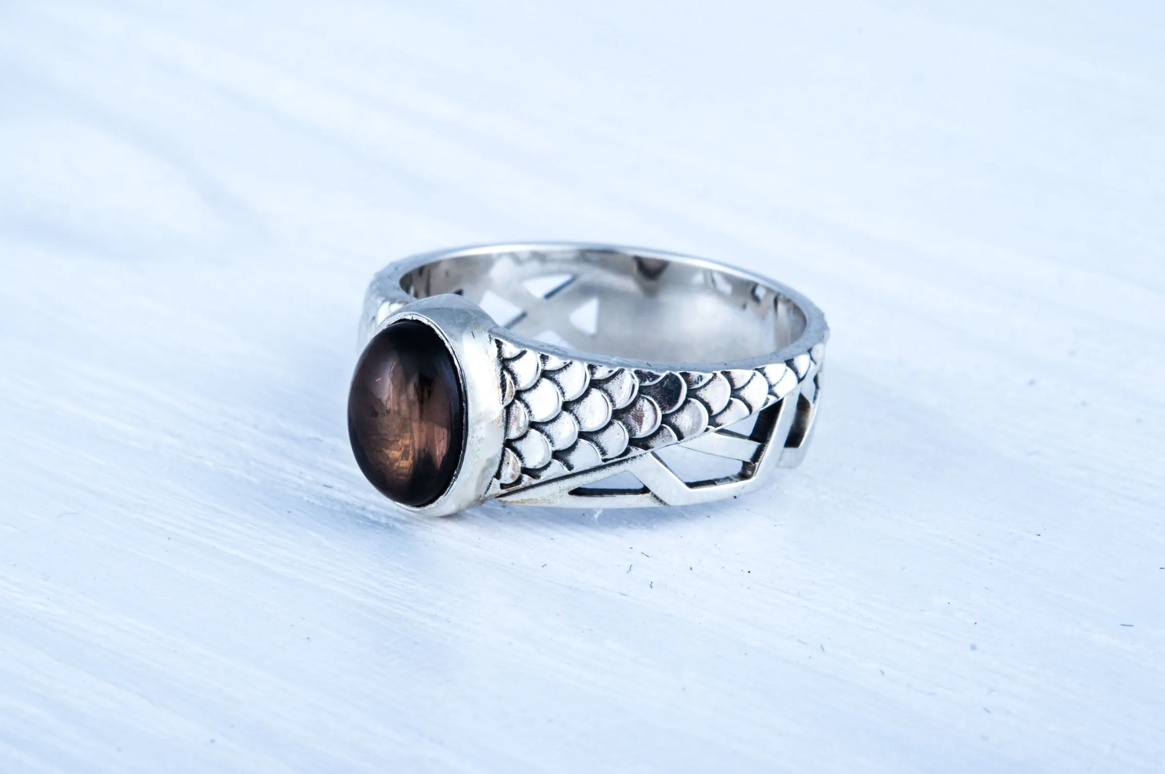 Ring with squama and Smoky Quartz gem Sterling silver handmade Jewelry