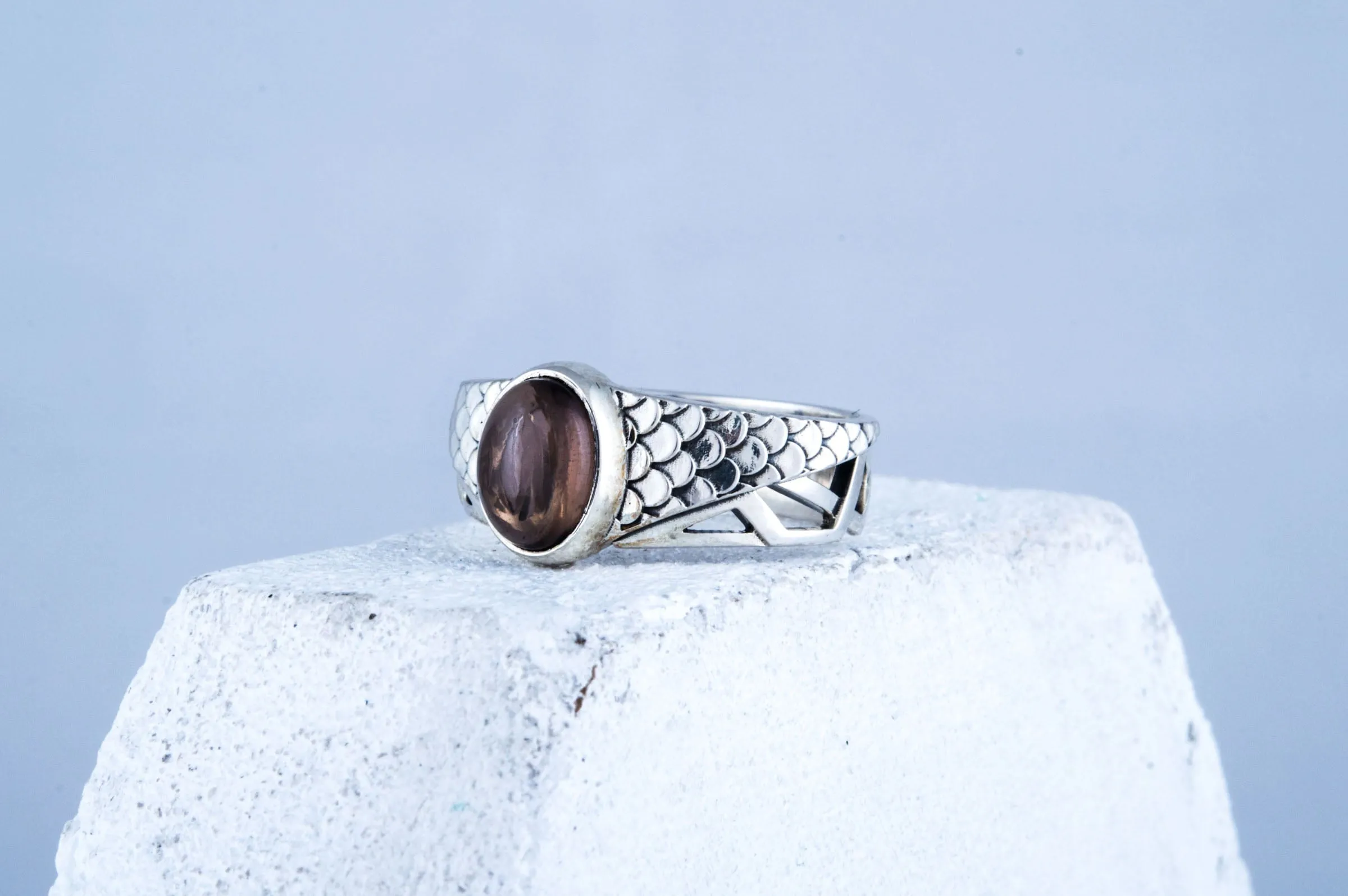 Ring with squama and Smoky Quartz gem Sterling silver handmade Jewelry