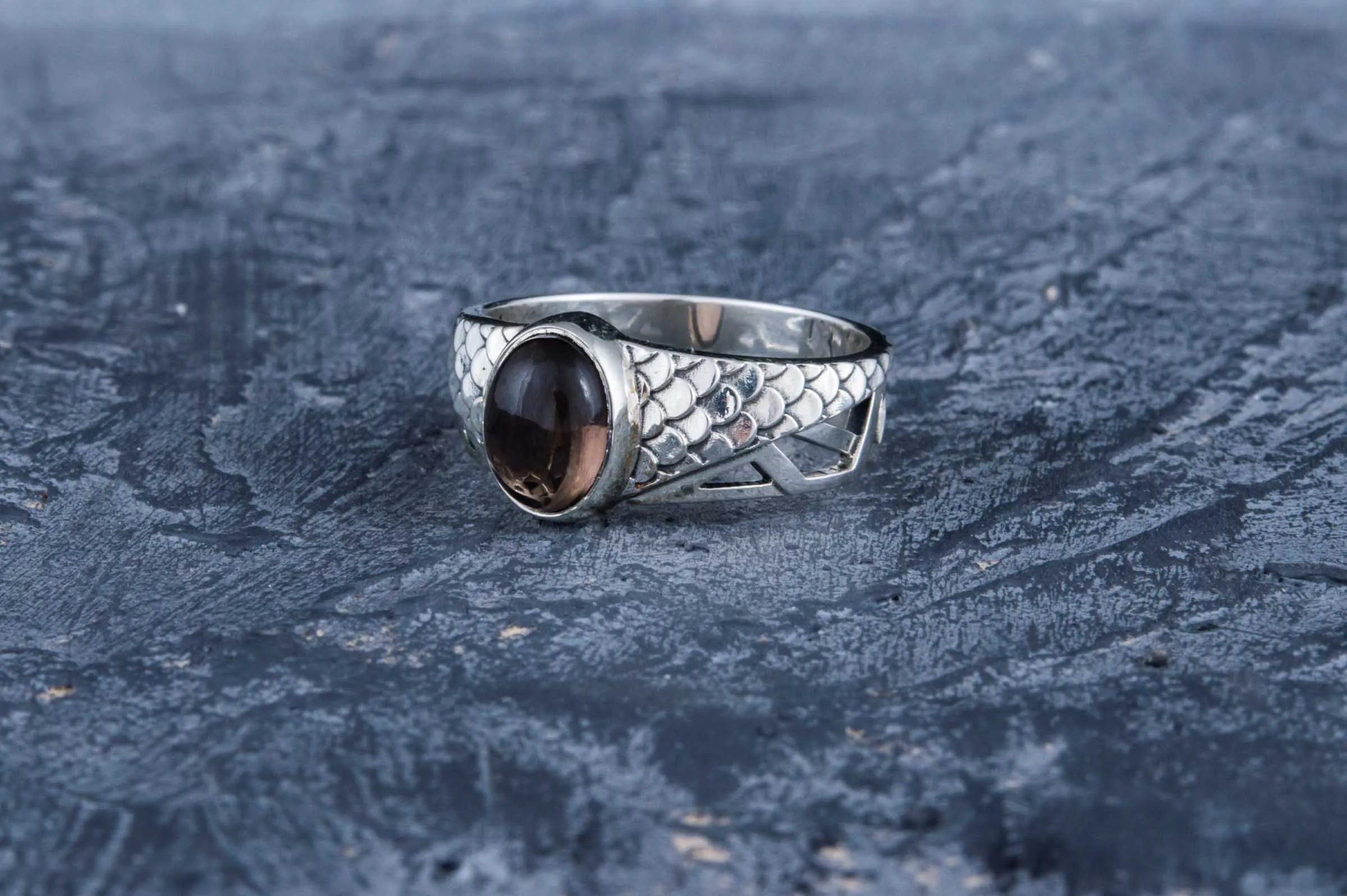 Ring with squama and Smoky Quartz gem Sterling silver handmade Jewelry
