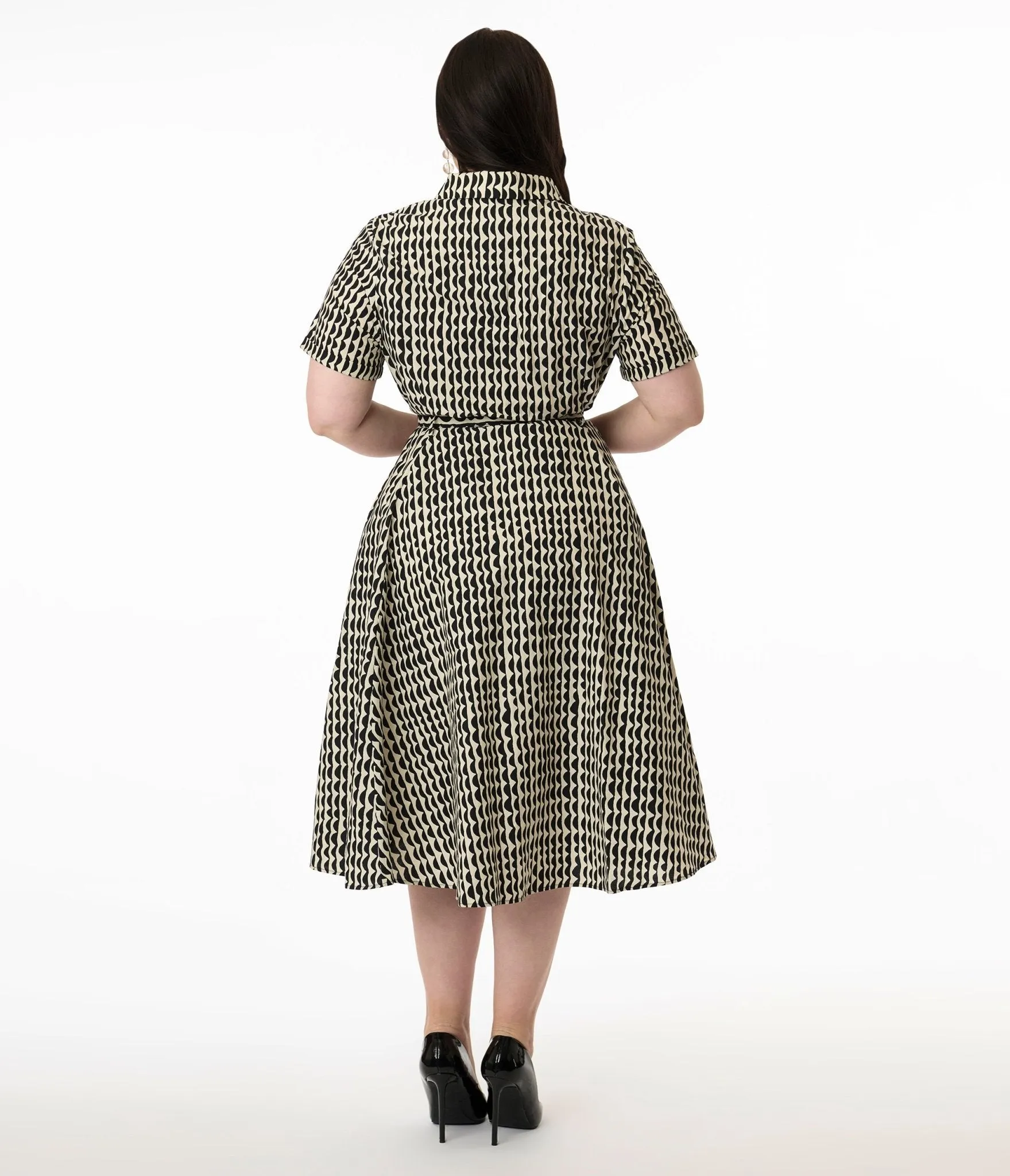 Royal Monk Plus Size Cream & Black Scalloped Stripes Cotton Swing Dress