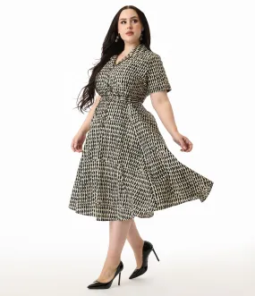 Royal Monk Plus Size Cream & Black Scalloped Stripes Cotton Swing Dress