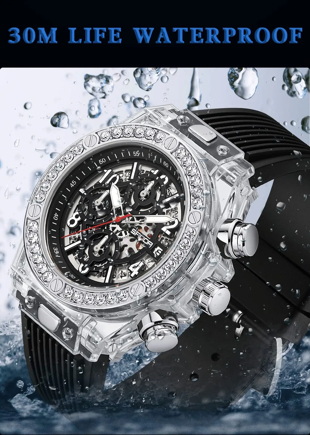 SANDA Top Brand Men Quartz Watches Water Diamond Business Watch W374928