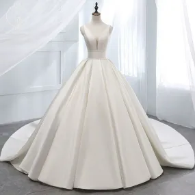 sd-hk A-Line V Neck Court Train Satin Long Sleeve Formal Plus Size Wedding Dresses