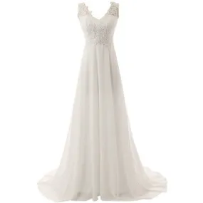 sd-hk Women White V Neck Sleeveless Floor-Length Wedding Dress