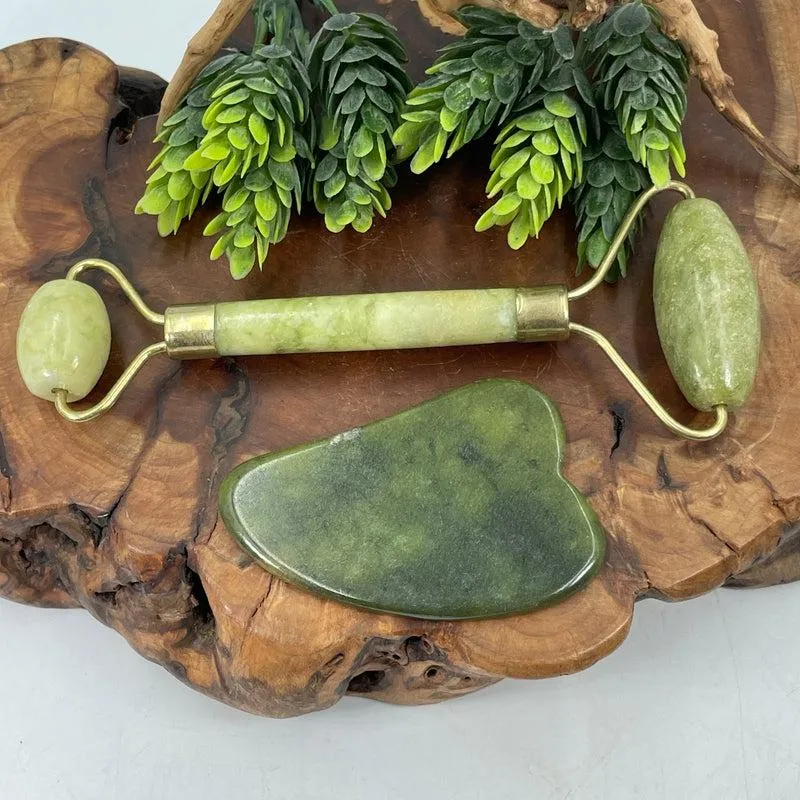 Serpentine Jade Gua Sha & Facial Roller Beauty Set || Health & Beauty