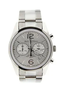 Sold!!! Bell & Ross Vintage Officer Silver Pilot Chronograph Stainless Steel Watch BR126