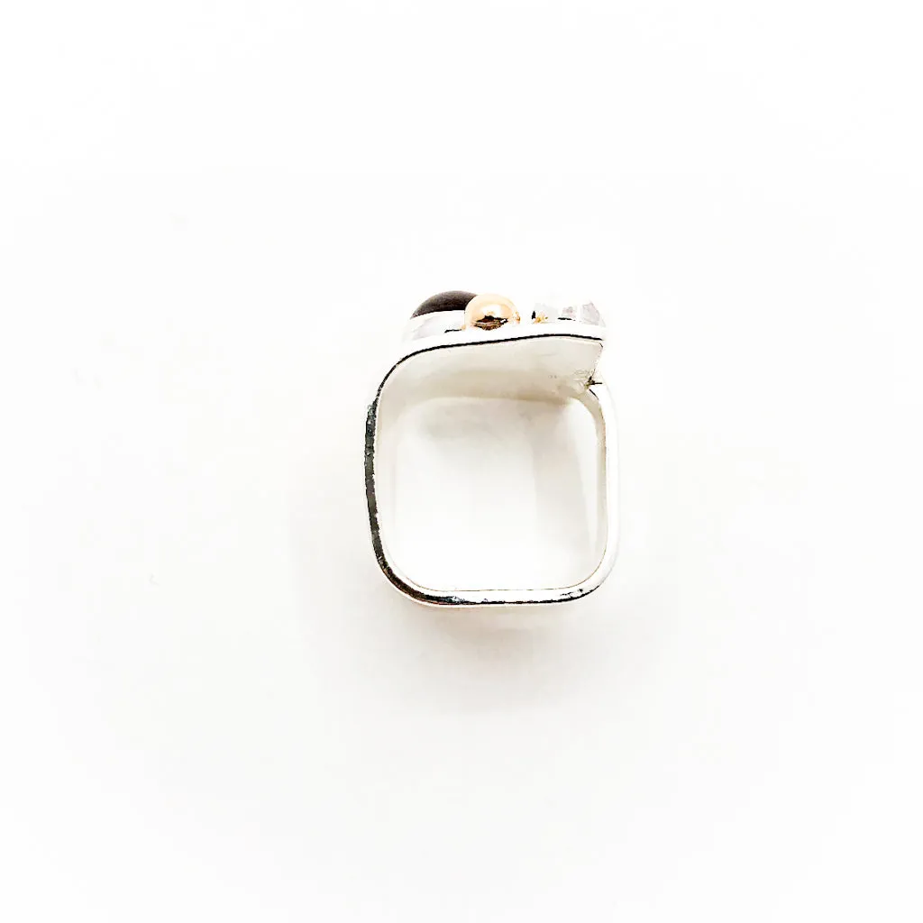 Sterling, 24k, and 14k Crotch Hugger Ring with Garnet