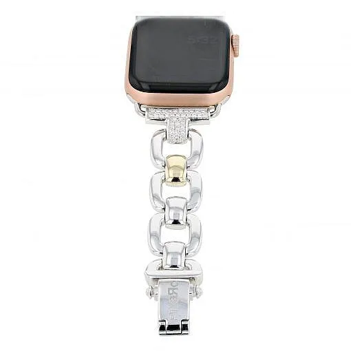 Sterling Silver Link Watch Band with 1.14ct H color VS diamonds and 14k solid yellow gold accent. Made for smart watches with 40mm bands.