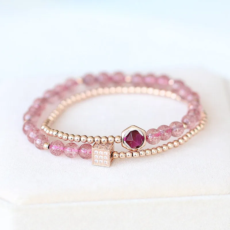 Strawberry Quartz Tigereye Rose Gold Plated Silver Bead Bracelet Handmade Jewelry Women