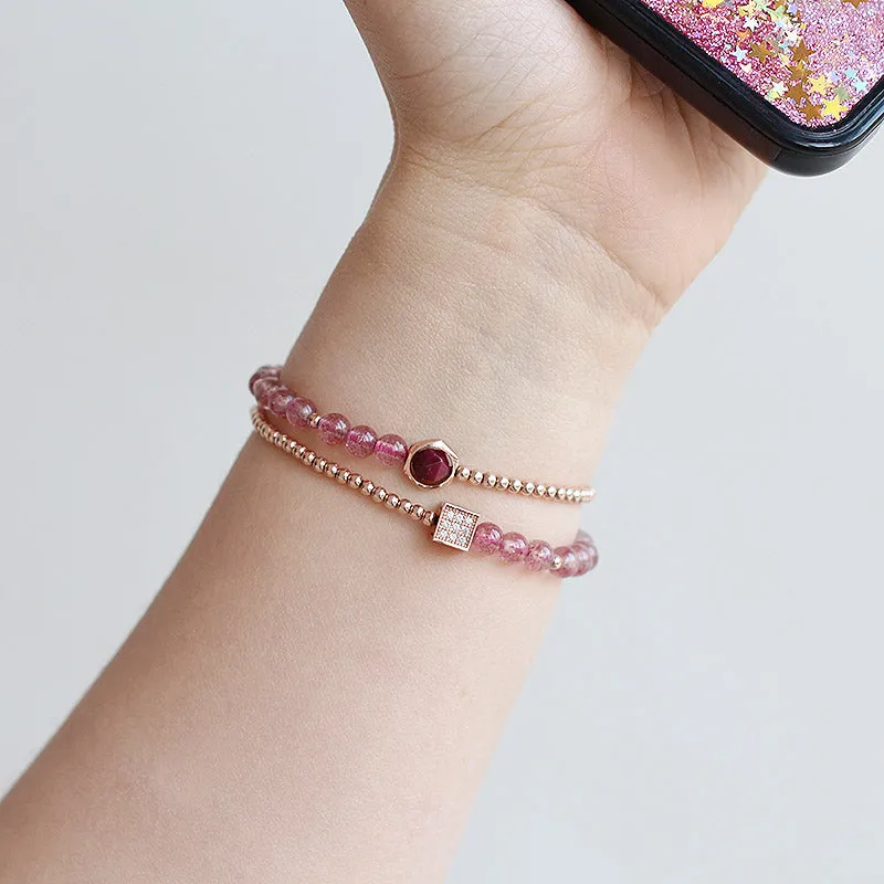 Strawberry Quartz Tigereye Rose Gold Plated Silver Bead Bracelet Handmade Jewelry Women