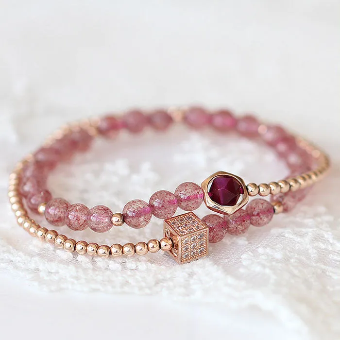 Strawberry Quartz Tigereye Rose Gold Plated Silver Bead Bracelet Handmade Jewelry Women