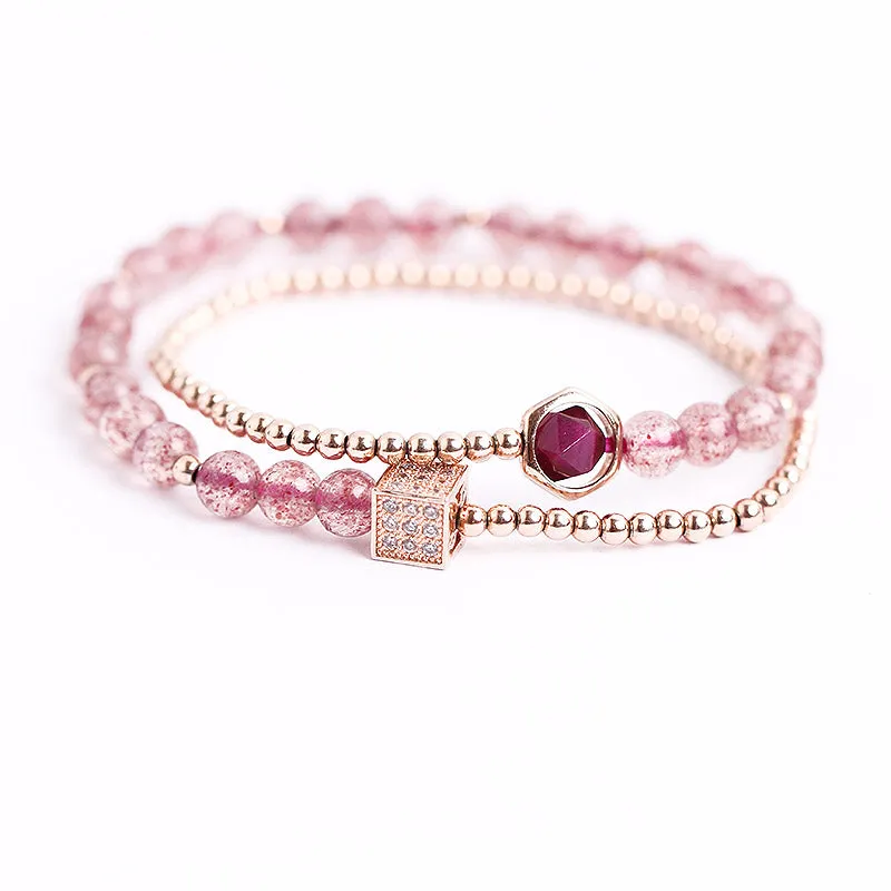 Strawberry Quartz Tigereye Rose Gold Plated Silver Bead Bracelet Handmade Jewelry Women