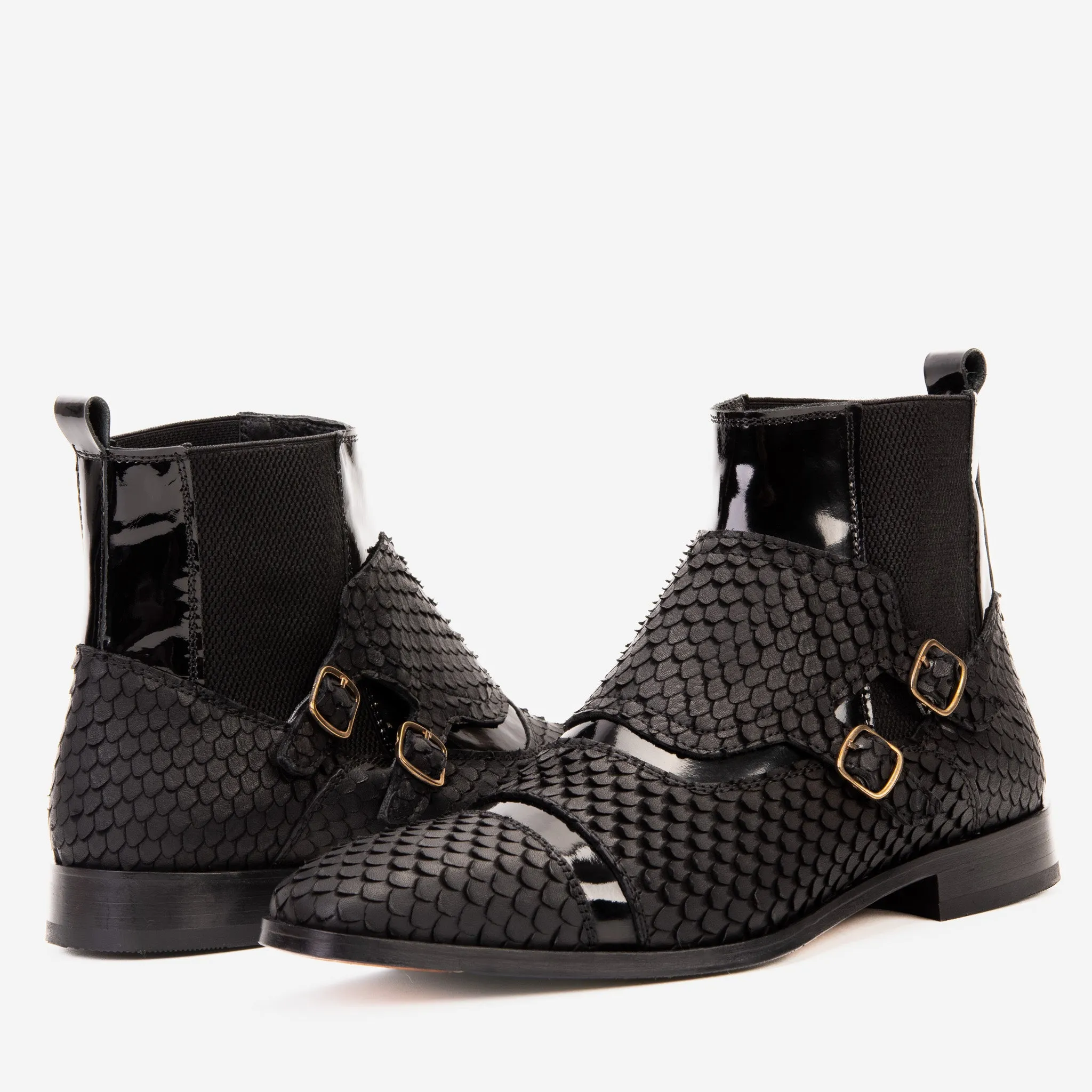 The Orion Black Snakeskin Pattern Leather Double Monk Strap Boot