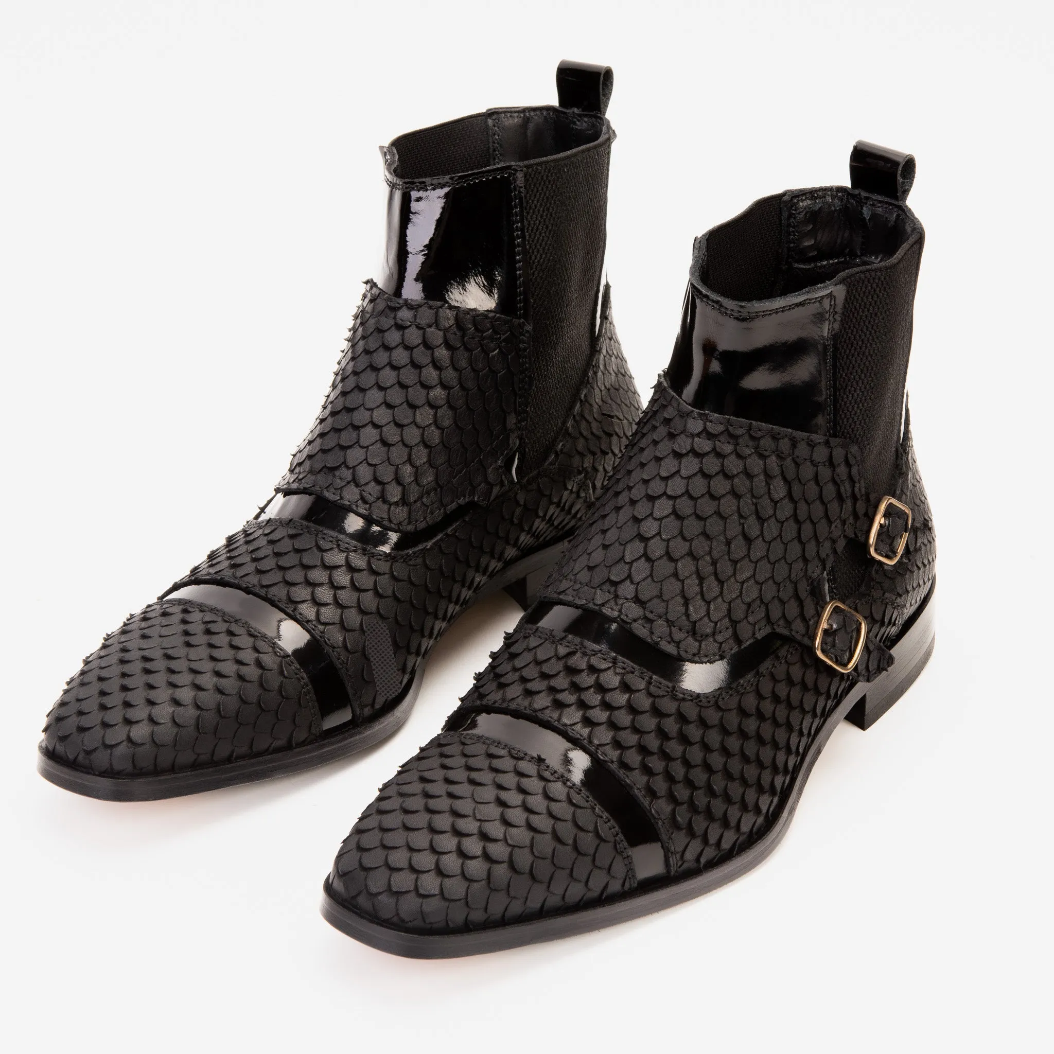 The Orion Black Snakeskin Pattern Leather Double Monk Strap Boot