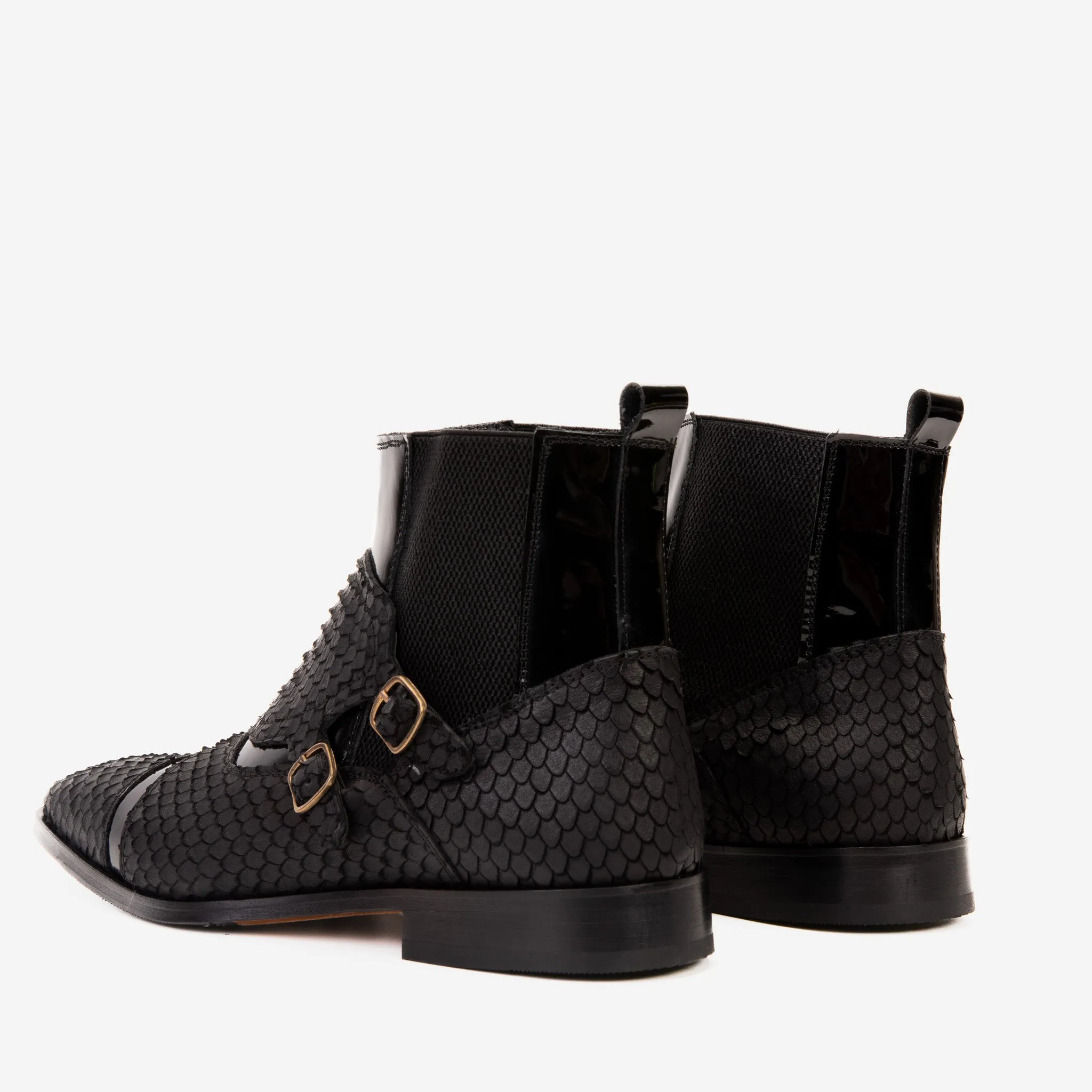 The Orion Black Snakeskin Pattern Leather Double Monk Strap Boot