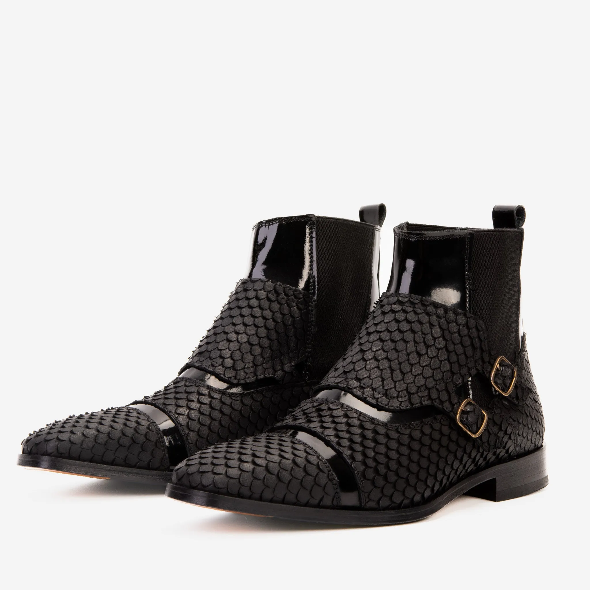 The Orion Black Snakeskin Pattern Leather Double Monk Strap Boot