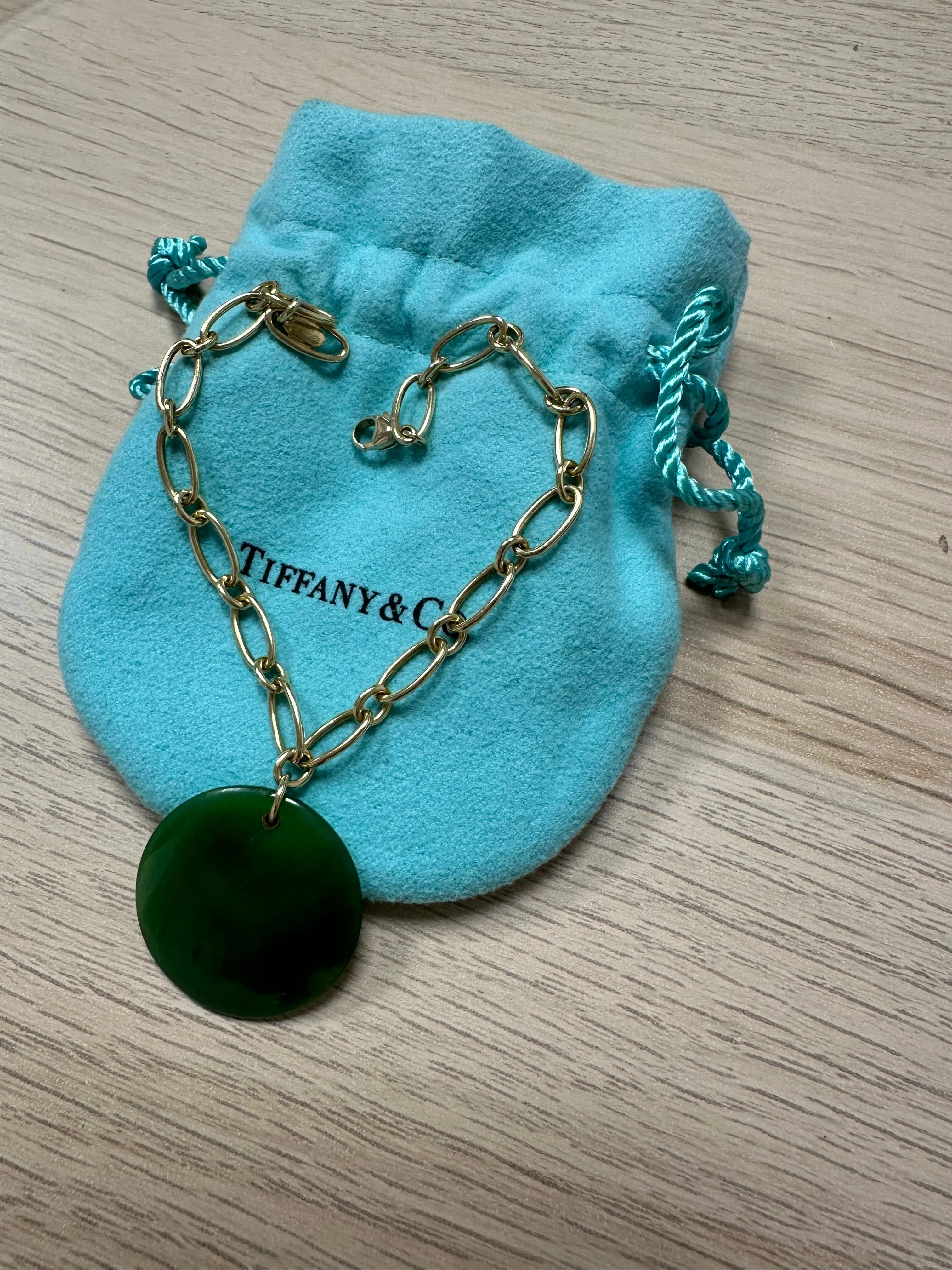 Tiffany & Co. Elsa Peretti Link Yellow Gold Nephrite Jade Disc Bracelet ABC0786