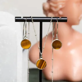 Tiger's Eye Silver Jewelry Set - Circle Pendant Necklace AND matching dangle earrings