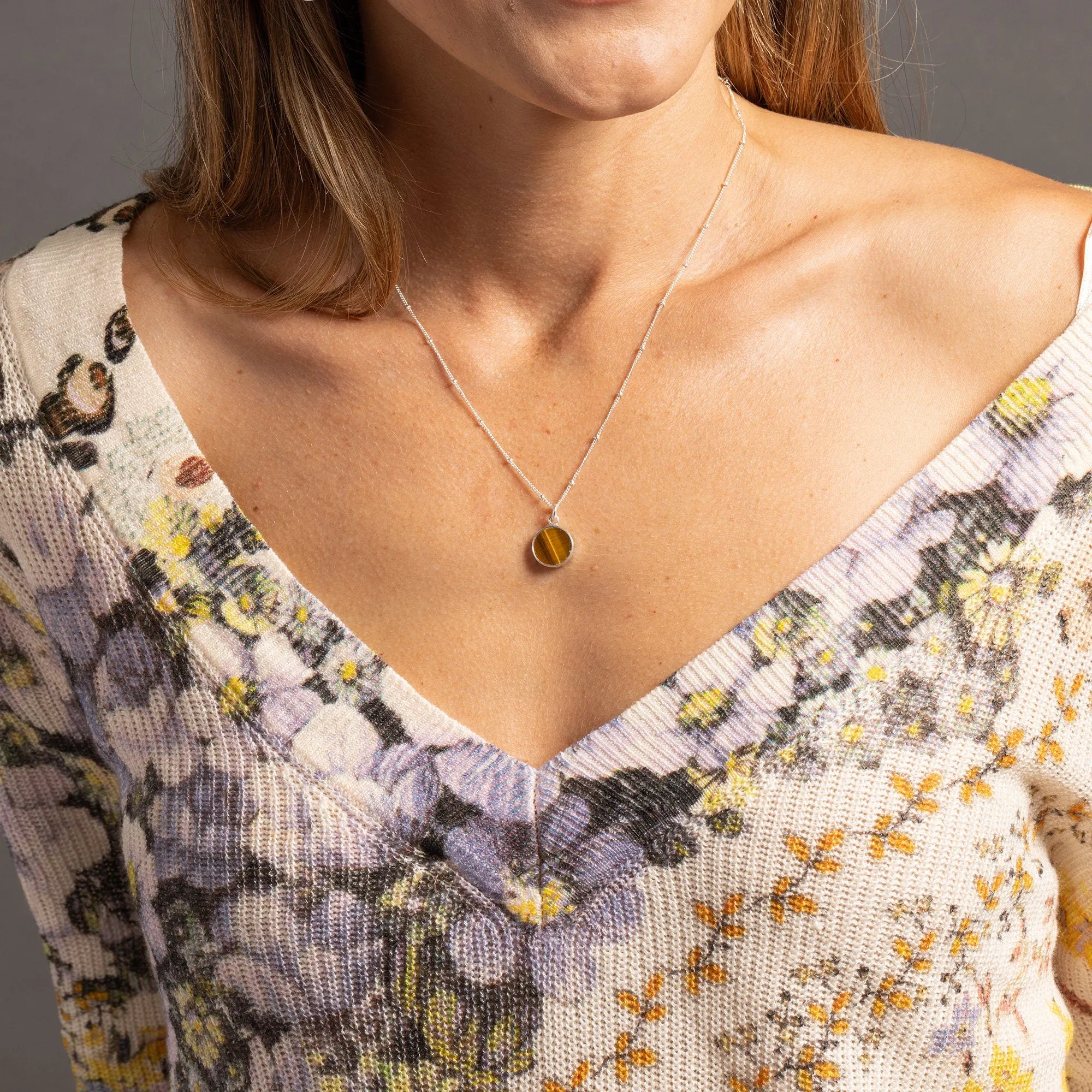 Tiger's Eye Silver Jewelry Set - Circle Pendant Necklace AND matching dangle earrings